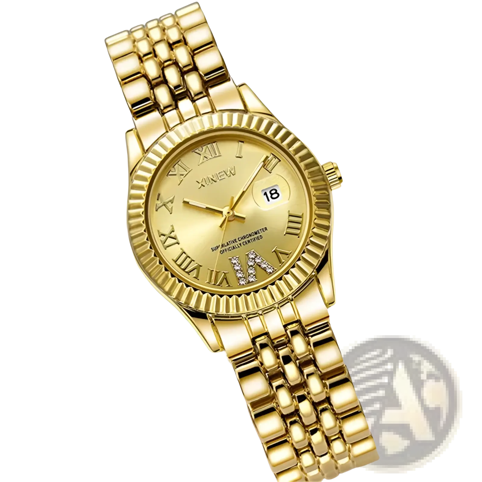 Xinew gold green dial women quartz watch with gold-tone fluted bezel roman numeral markers and diamond vi accent