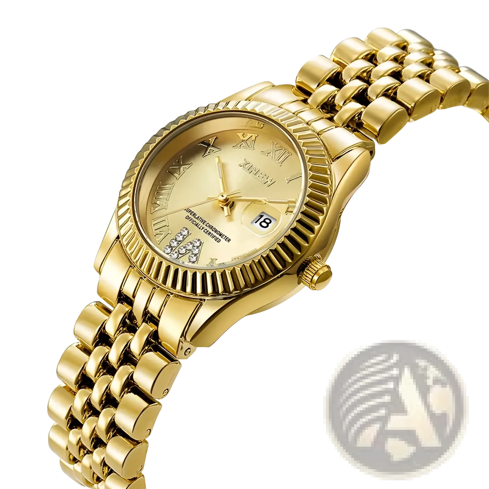 Xinew gold tone wristwatch with gold dial roman numeral markers and date window at 3 o’clock position for women