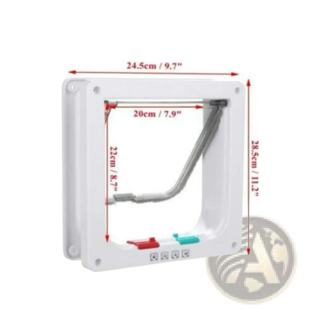 White plastic xl pet door with silver metal hinge and red teal buttons featuring 4 way locking magnetic flap