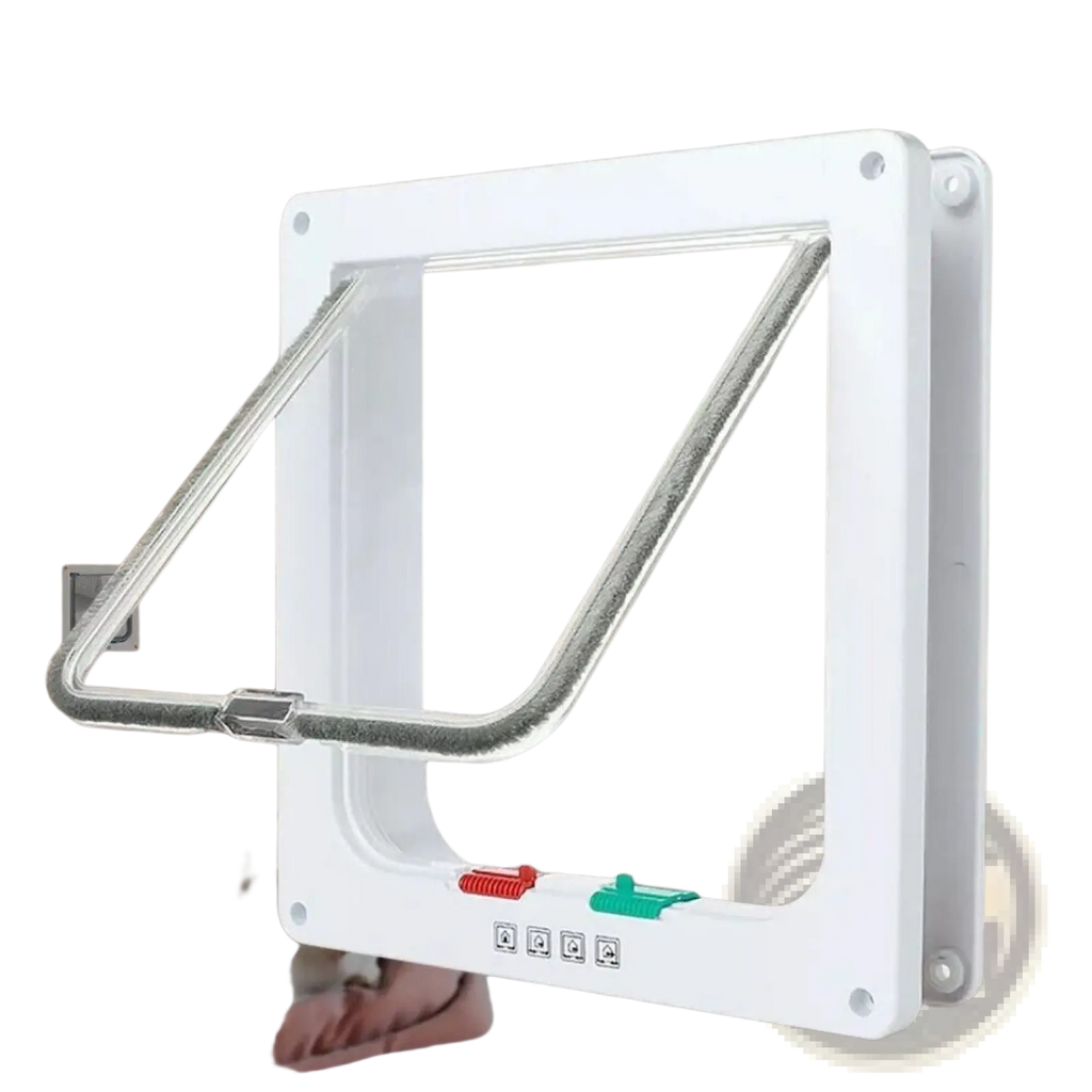 White plastic xl pet door with silver metal flap and four way locking magnetic switch modes for dogs and cats