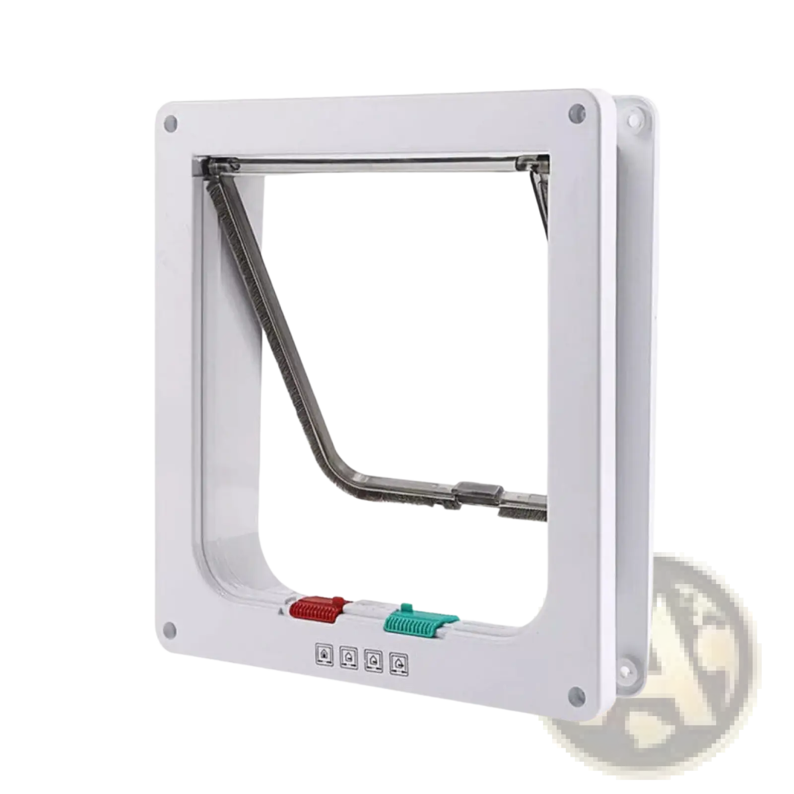 White xl pet door with clear flexible flap and red and green 4 way locking magnetic mechanisms for dogs and cats