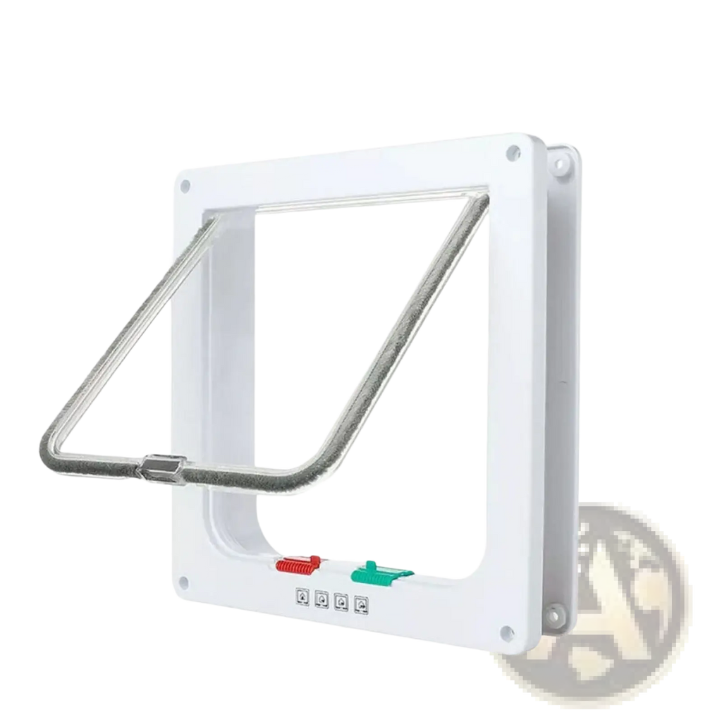 Xl pet door white with clear triangular flap and red green adjustment knobs for 4 way locking magnetic dog cat flap