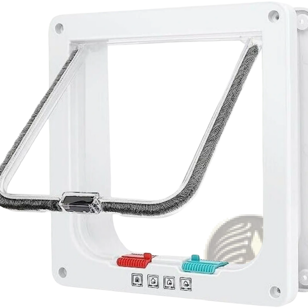 Xl pet door white with clear plastic flap gray fabric trim and red teal sliding buttons for locking mechanism