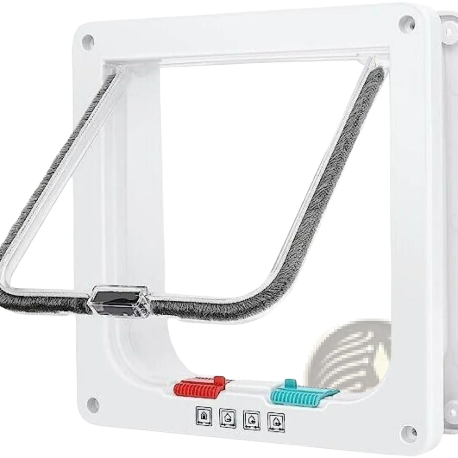 Xl pet door white with clear plastic flap gray fabric trim and red teal sliding buttons for locking mechanism