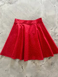 Red polka-dot flared skirt with satin-like finish featuring elastic waist in xoxo print red cotton skater skirt style