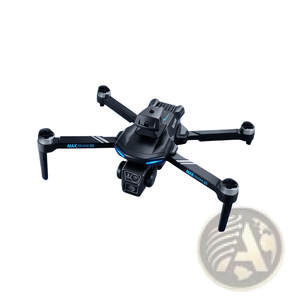 Black xt606 dual camera quadcopter drone with blue led accents and front-facing camera with max battery capacity