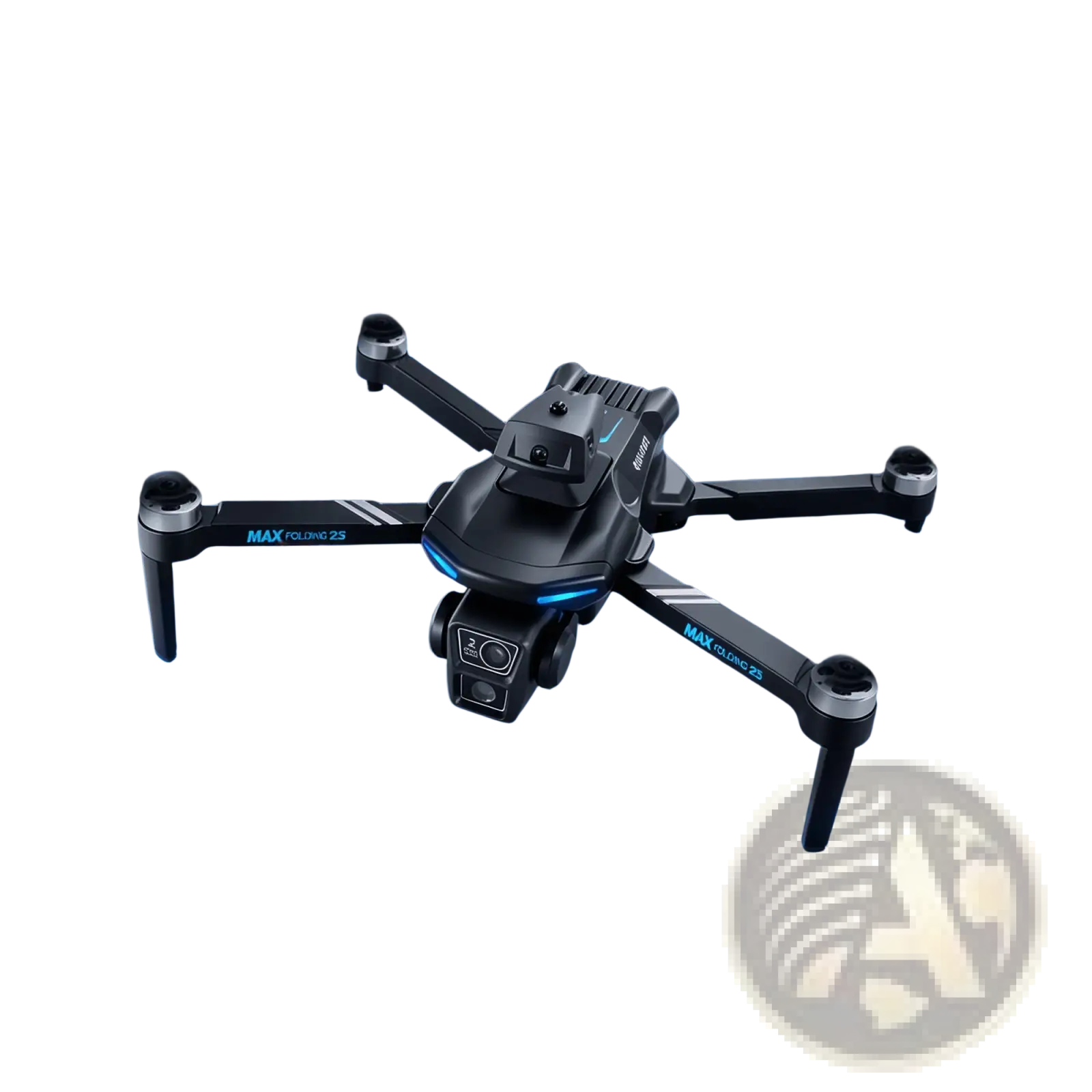 Black xt606 dual camera quadcopter drone with blue led accents and front-facing camera with max battery capacity