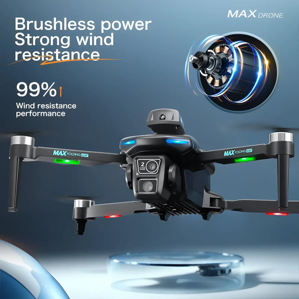 Black xt606 dual camera quadcopter drone with max battery featuring green and red led lights and front camera system