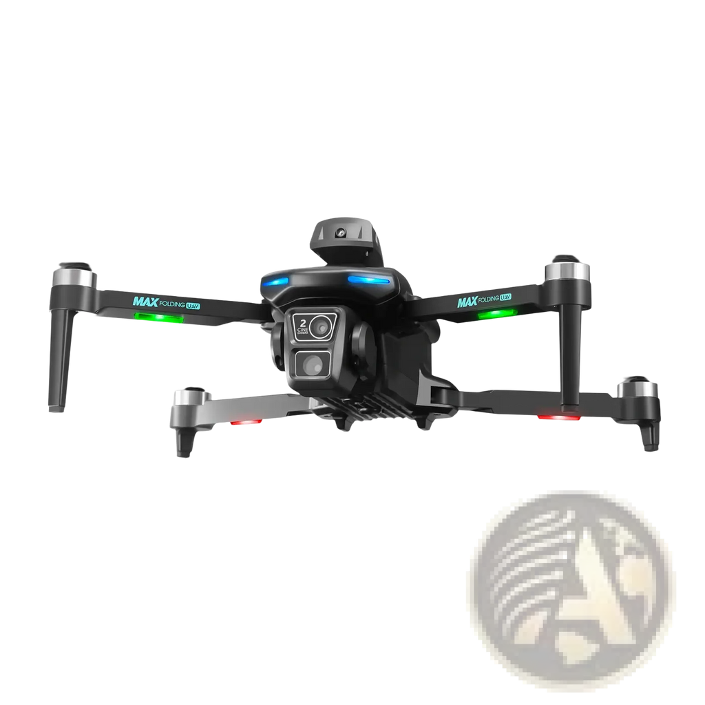 Black and silver max folding 2024 xt606 dual camera quadcopter drone with led lights on arms shown from back side