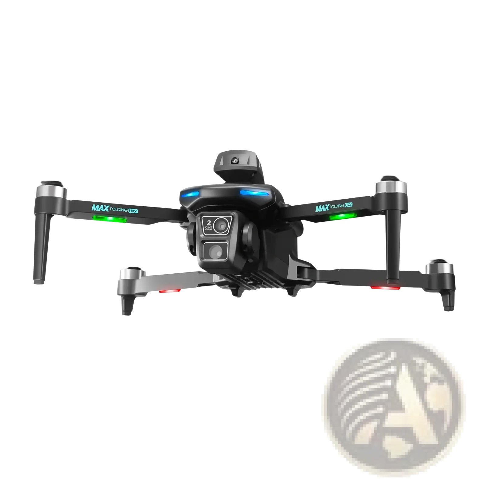 Black and silver max folding 2024 xt606 dual camera quadcopter drone with led lights on arms shown from back side