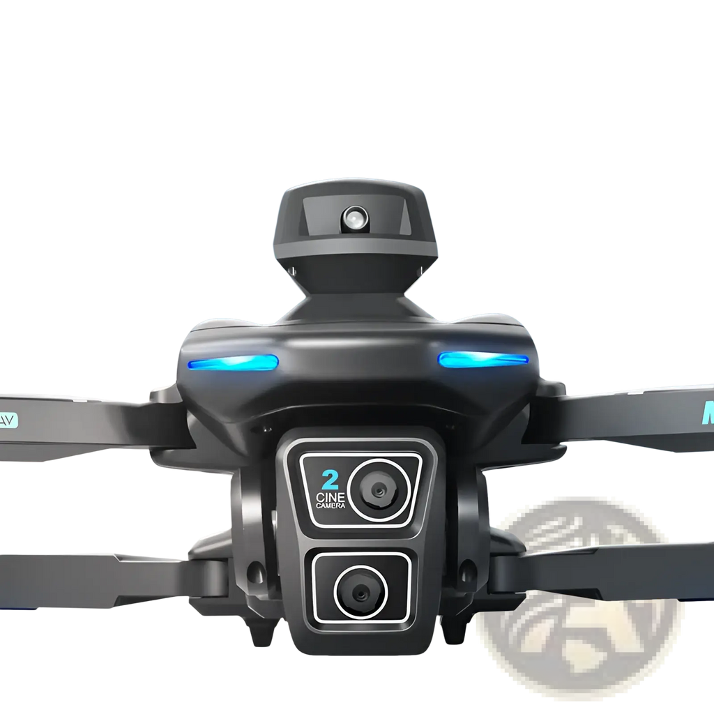Black xt606 dual camera quadcopter drone with max battery featuring dual cine cameras and blue LED lights