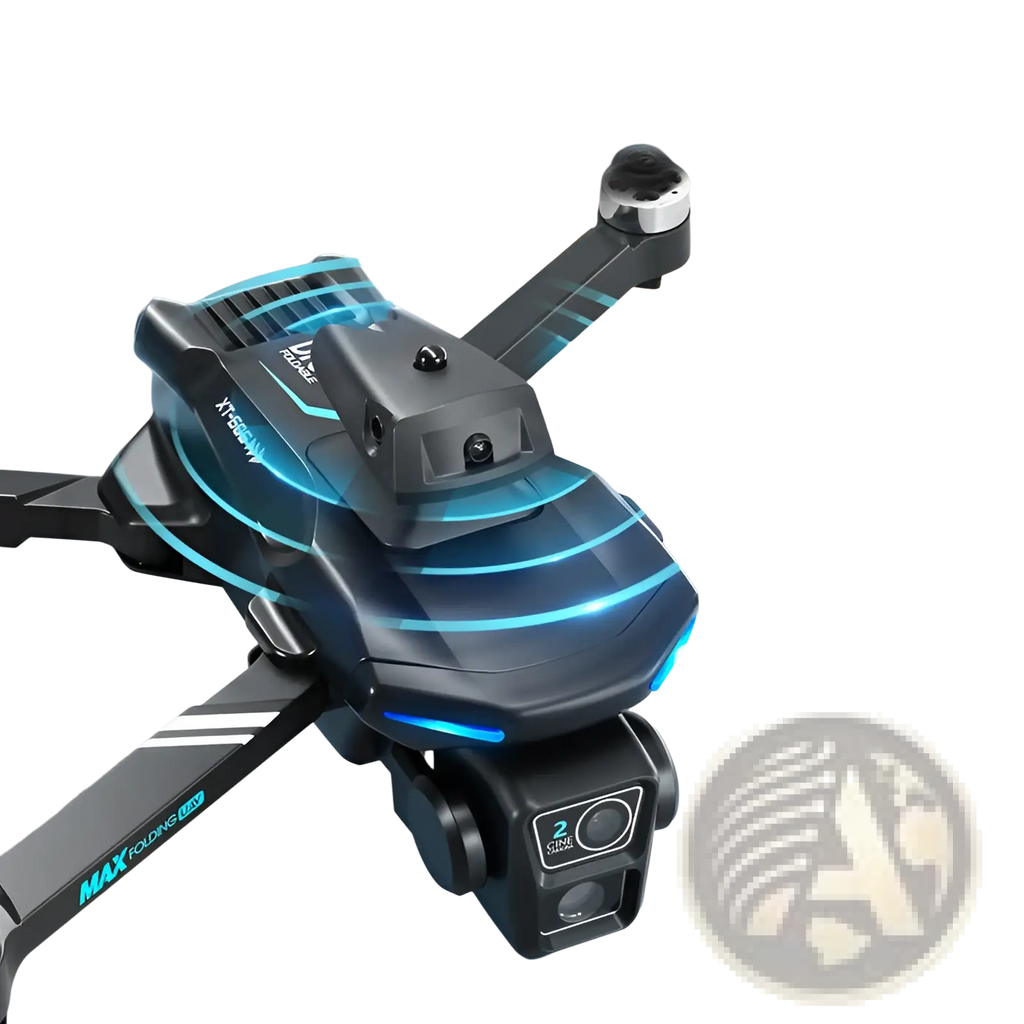 Black Xt606 dual camera quadcopter drone with sleek foldable design and glowing blue led accents along its frame