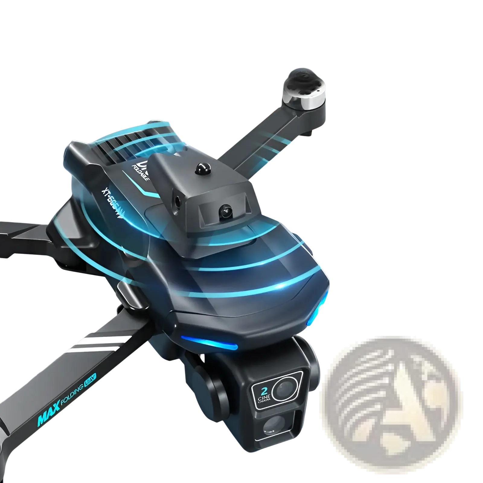 Black Xt606 dual camera quadcopter drone with sleek foldable design and glowing blue led accents along its frame