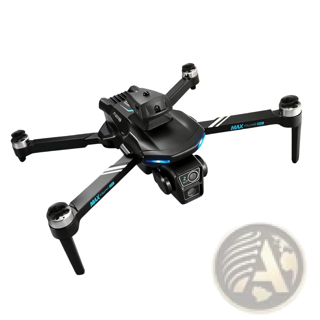 Black xt606 dual camera quadcopter drone with max battery featuring blue led lights and max branding on its arms