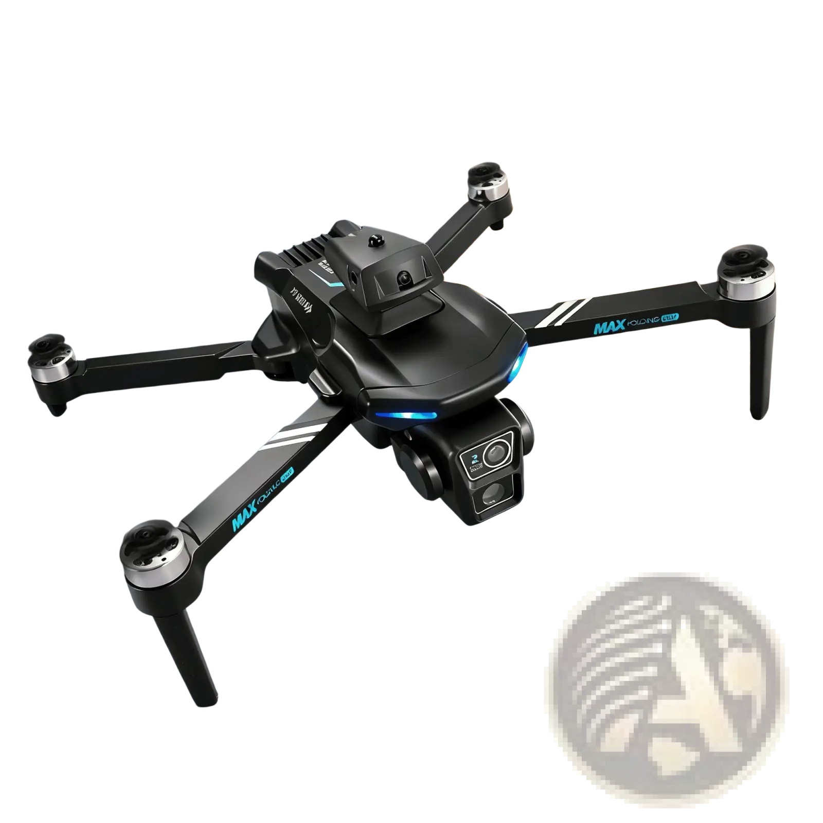 Black xt606 dual camera quadcopter drone with max battery featuring blue led lights and max branding on its arms