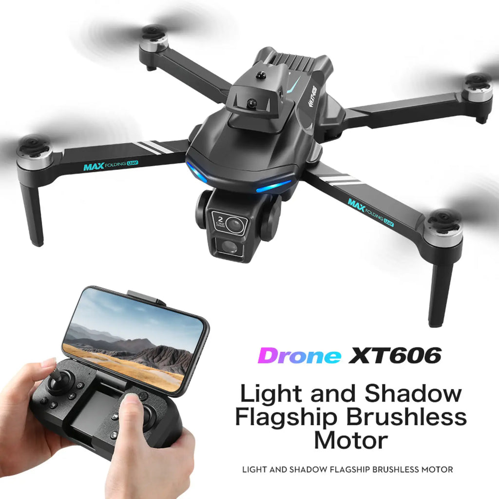 Black xt606 dual camera quadcopter drone with blue led lights and max folding branding on its arms visible from the back side