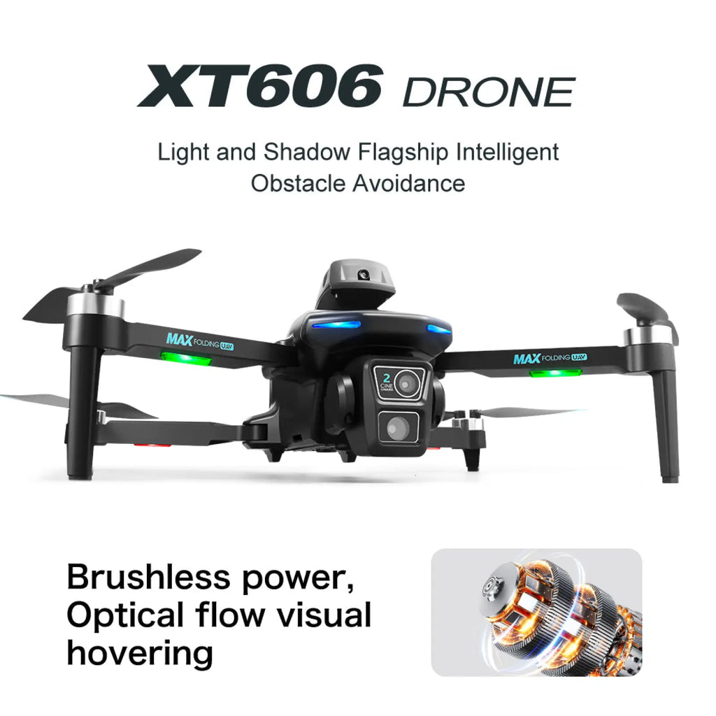 Black xt606 dual camera quadcopter drone with front camera and blue green led lights featuring max battery