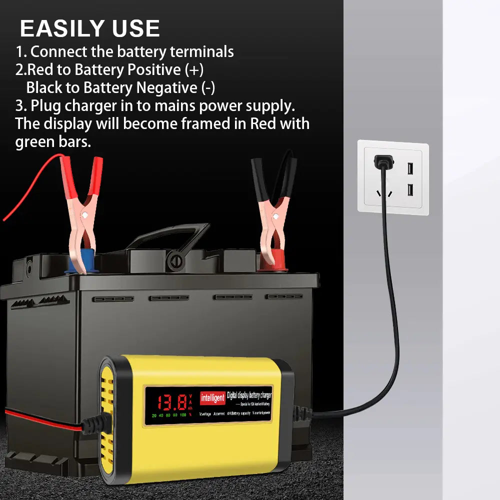 Cargador inteligente para batería de automóvil de 12 V con pantalla digital amarilla de 2 A, AGM y gel, con pinzas rojo y negro conectadas a una batería del automóvil.