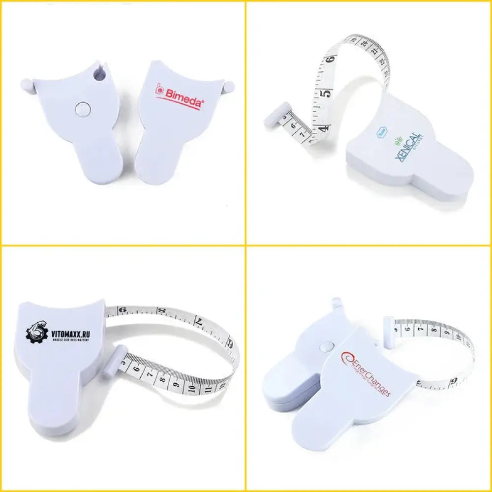 White plastic y-shape leather retractable body measuring tape with inches and centimeters marked strip and brand logos