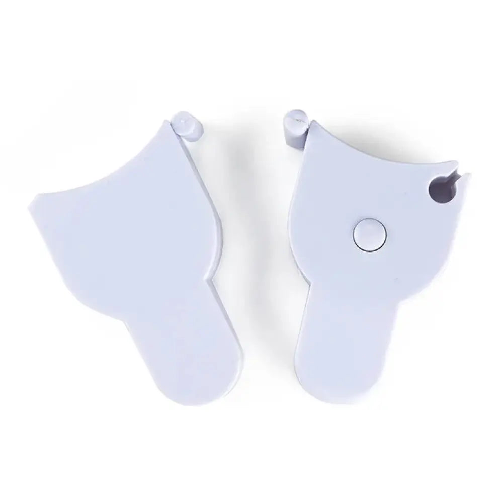 White plastic cat-shaped retractable tape measure with circular button and small hole for y-shape leather body tape