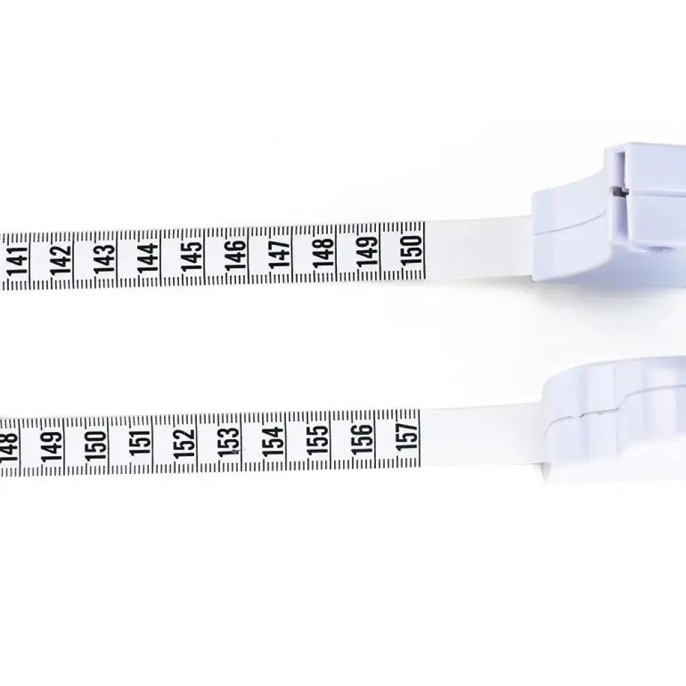 White y-shape leather retractable body measuring tape with black numerical markings and measurement lines