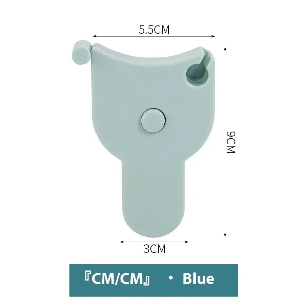 Blue plastic retractable body measuring tape with rounded ergonomic handle and clear measurement markings