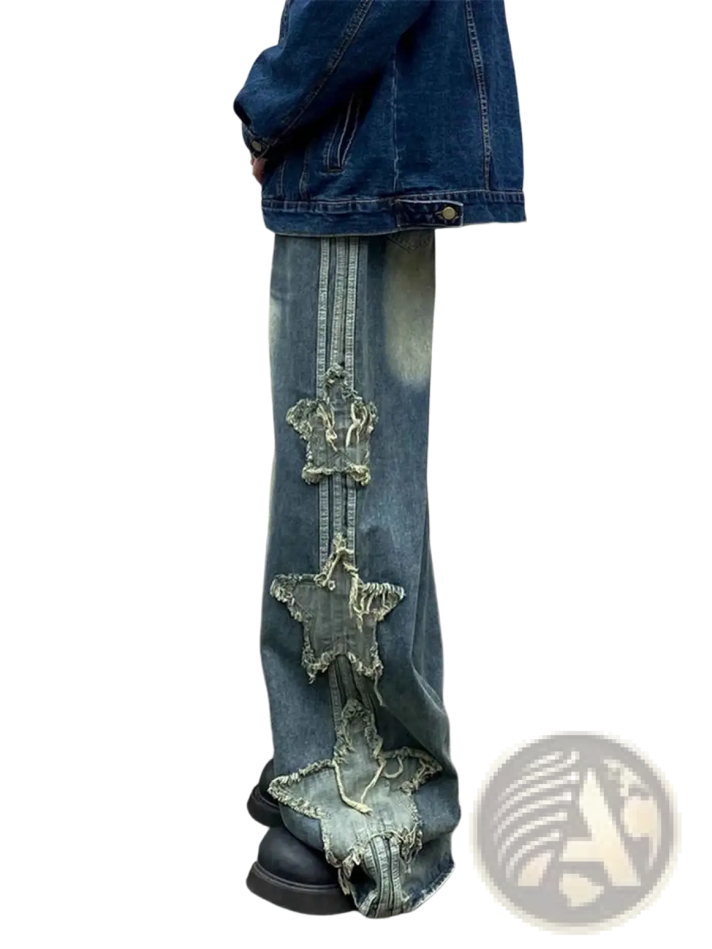 Y2k baggy distressed denim jeans in blue featuring a vertical row of three frayed star appliqués down the outer leg