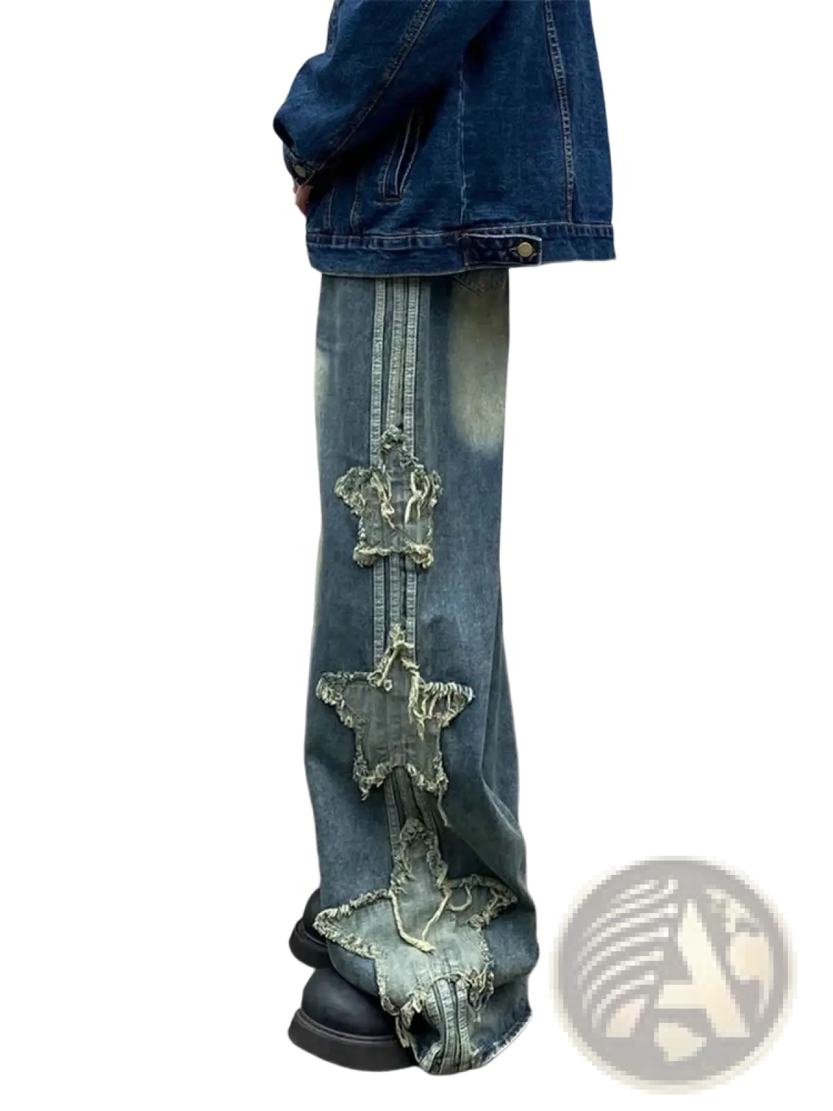 Y2k baggy distressed denim jeans in blue featuring a vertical row of three frayed star appliqués down the outer leg