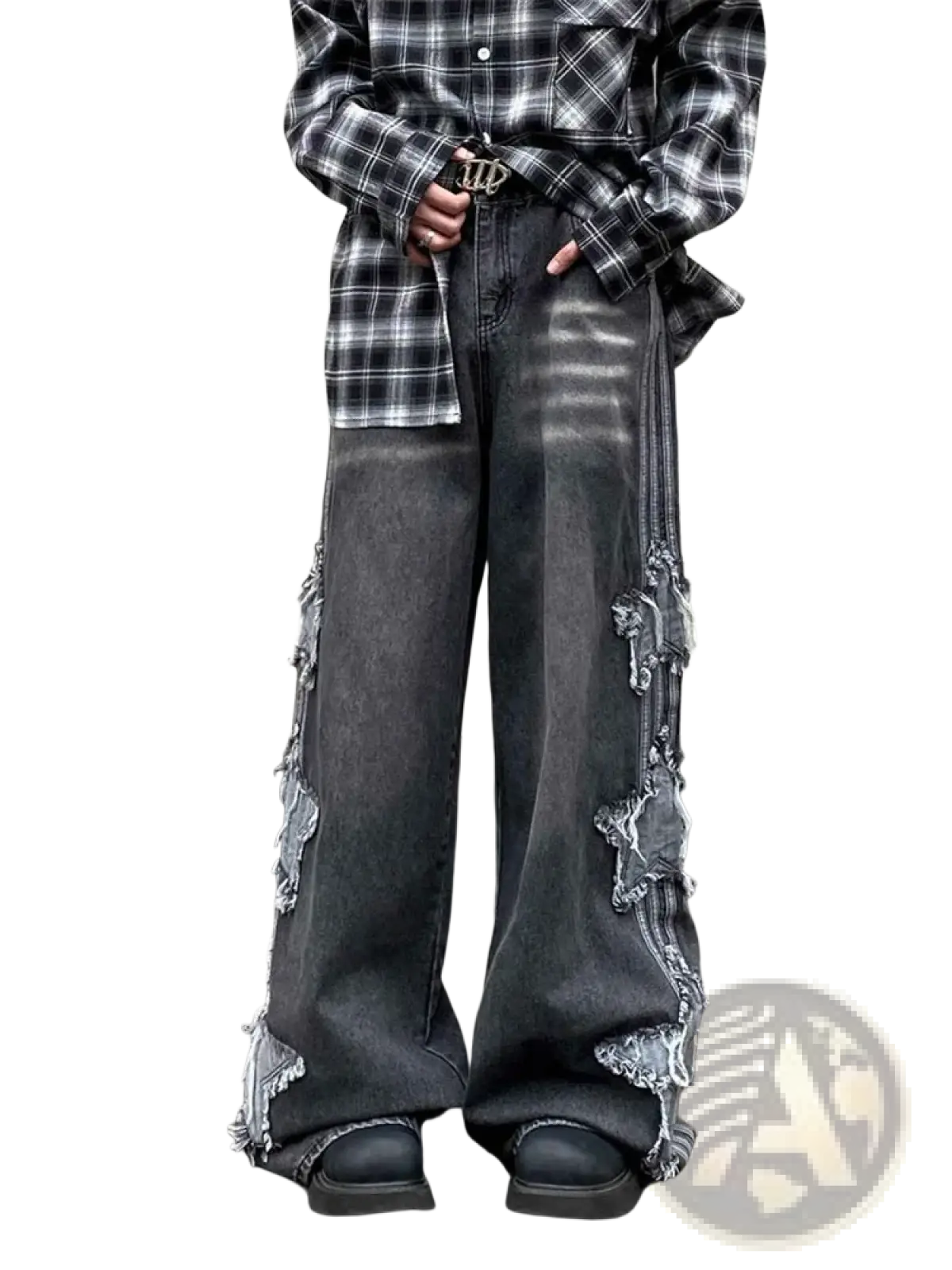 Dark gray y2k baggy distressed denim jeans with frayed ripped detailing along the outer seams