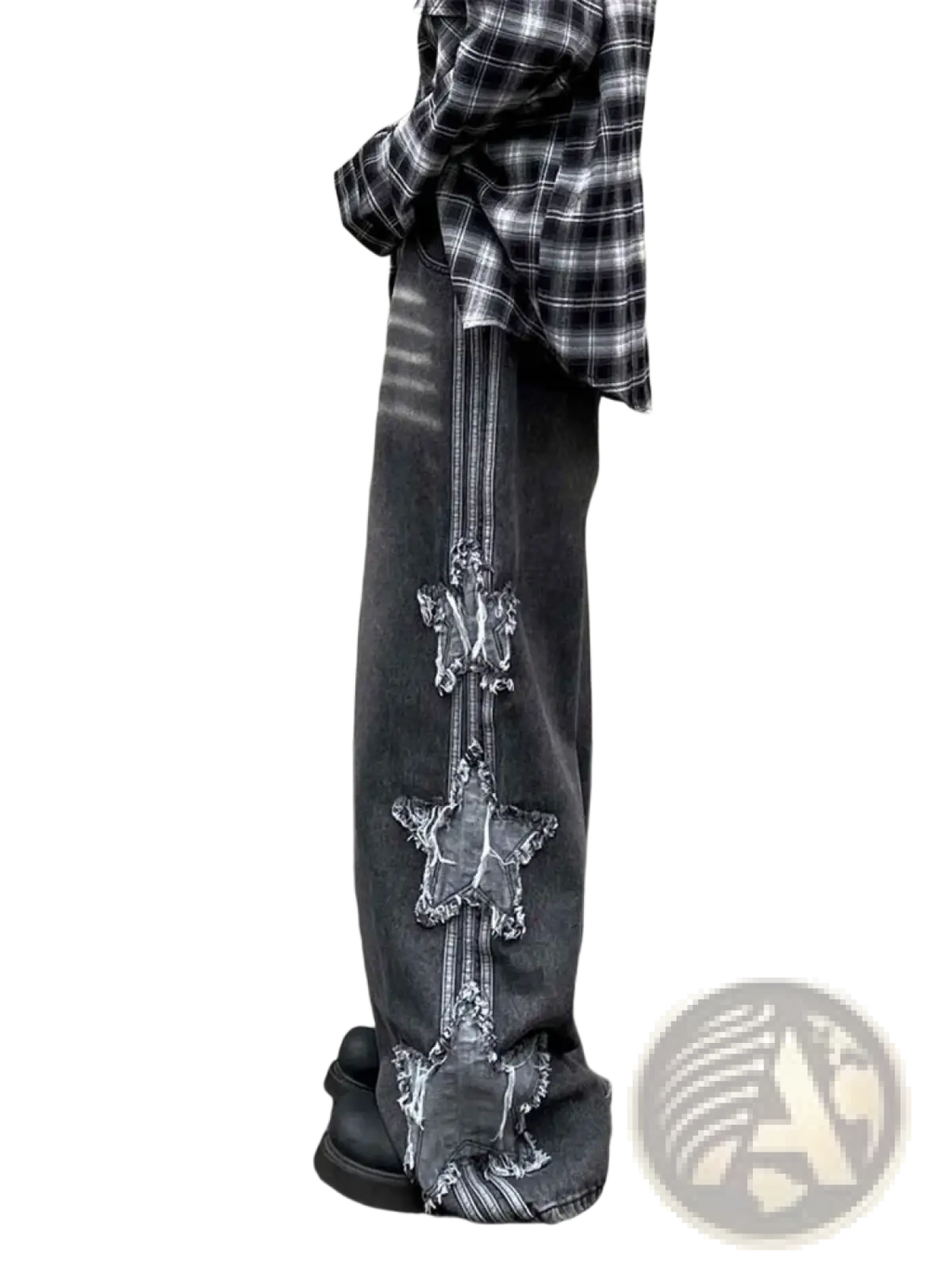 Dark gray y2k baggy distressed denim jeans with vertical star-shaped patch stripe on outer leg