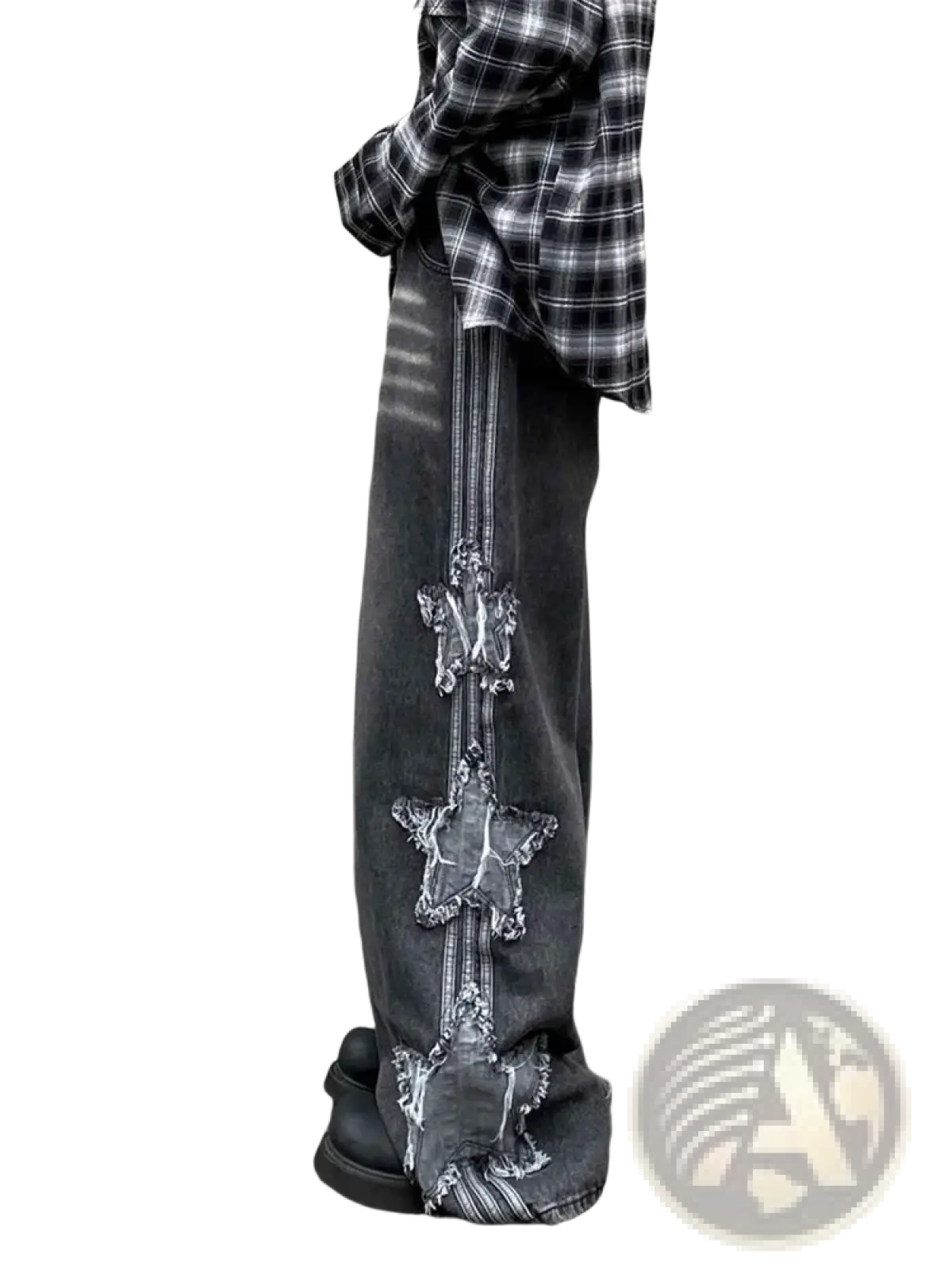 Dark gray y2k baggy distressed denim jeans with vertical star-shaped patch stripe on outer leg