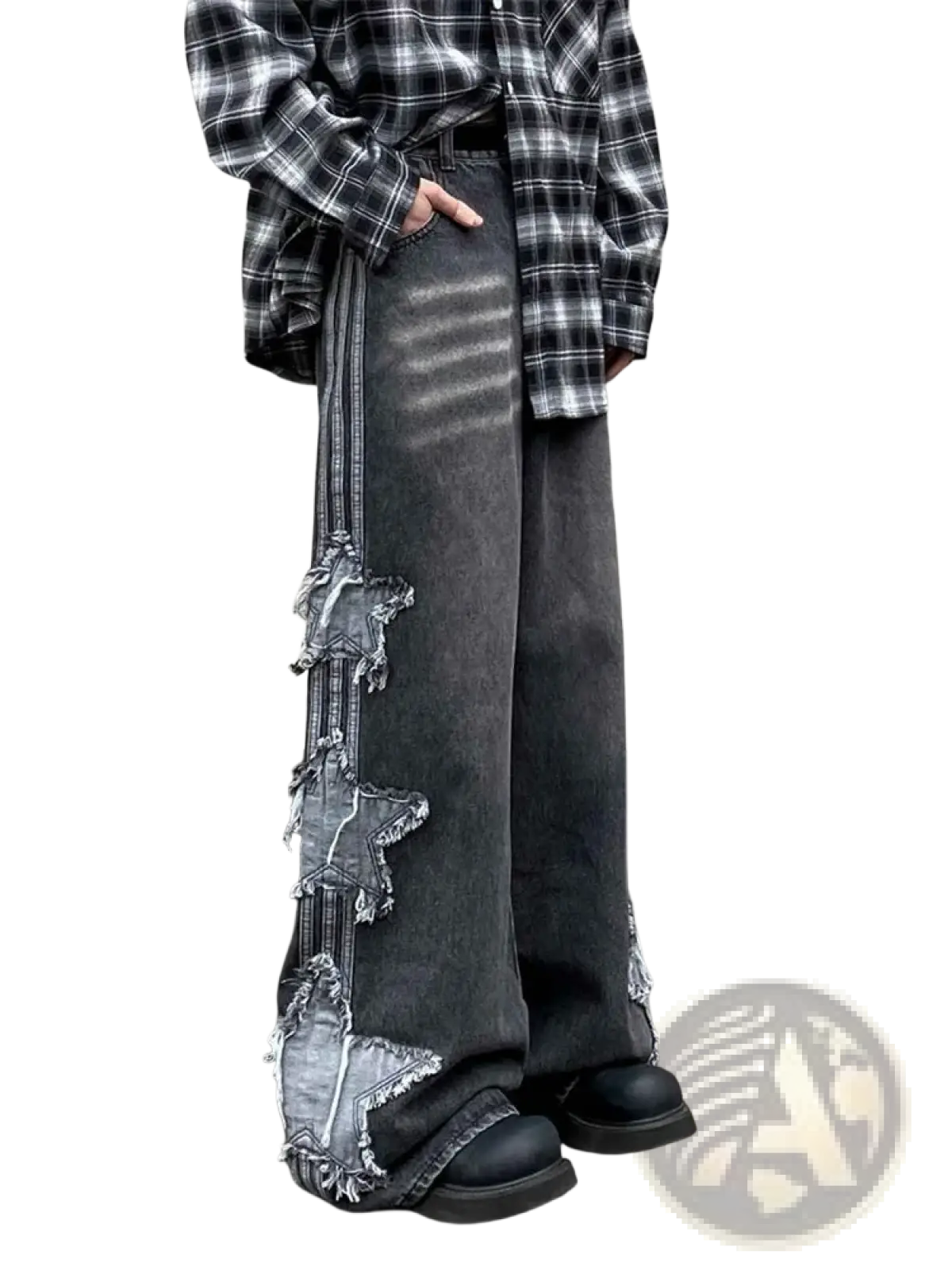 Dark gray Y2k baggy distressed denim jeans with wide legs and star-shaped patchwork along the outer seam