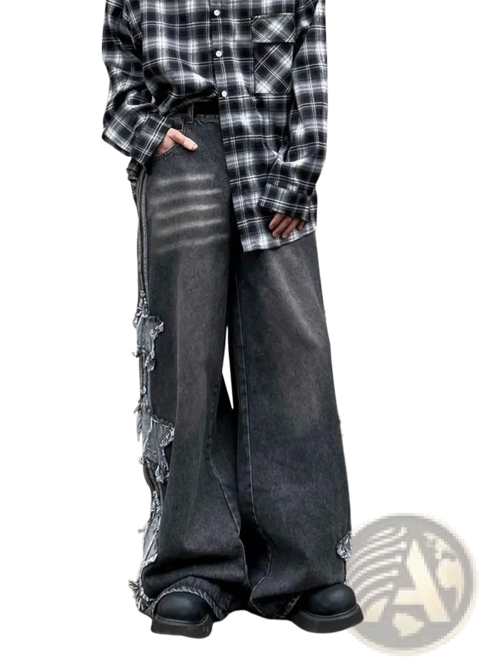 Y2k baggy distressed denim jeans in dark gray with frayed ripped detailing along wide-leg sides