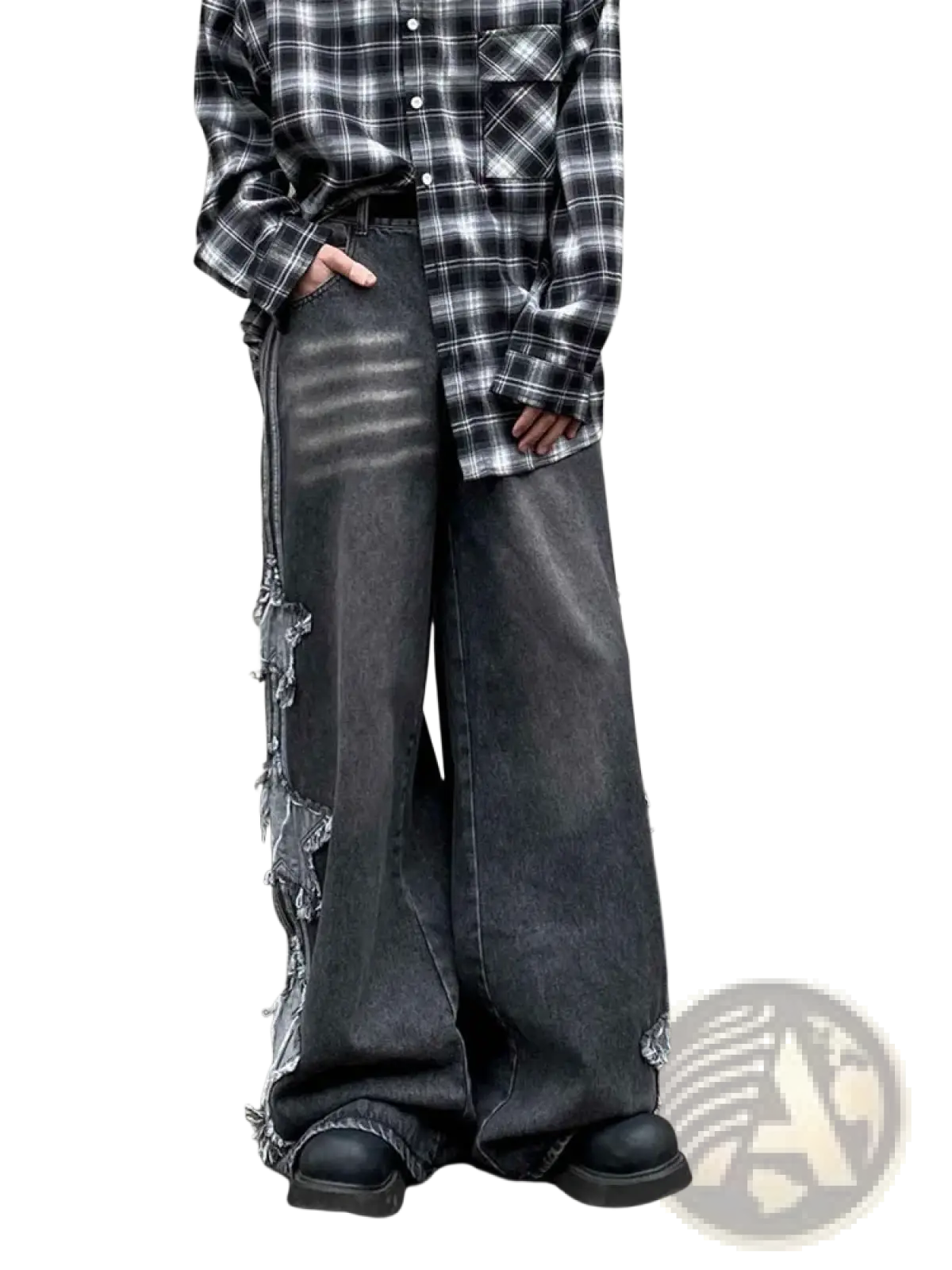 Y2k baggy distressed denim jeans in dark gray with frayed ripped detailing along wide-leg sides