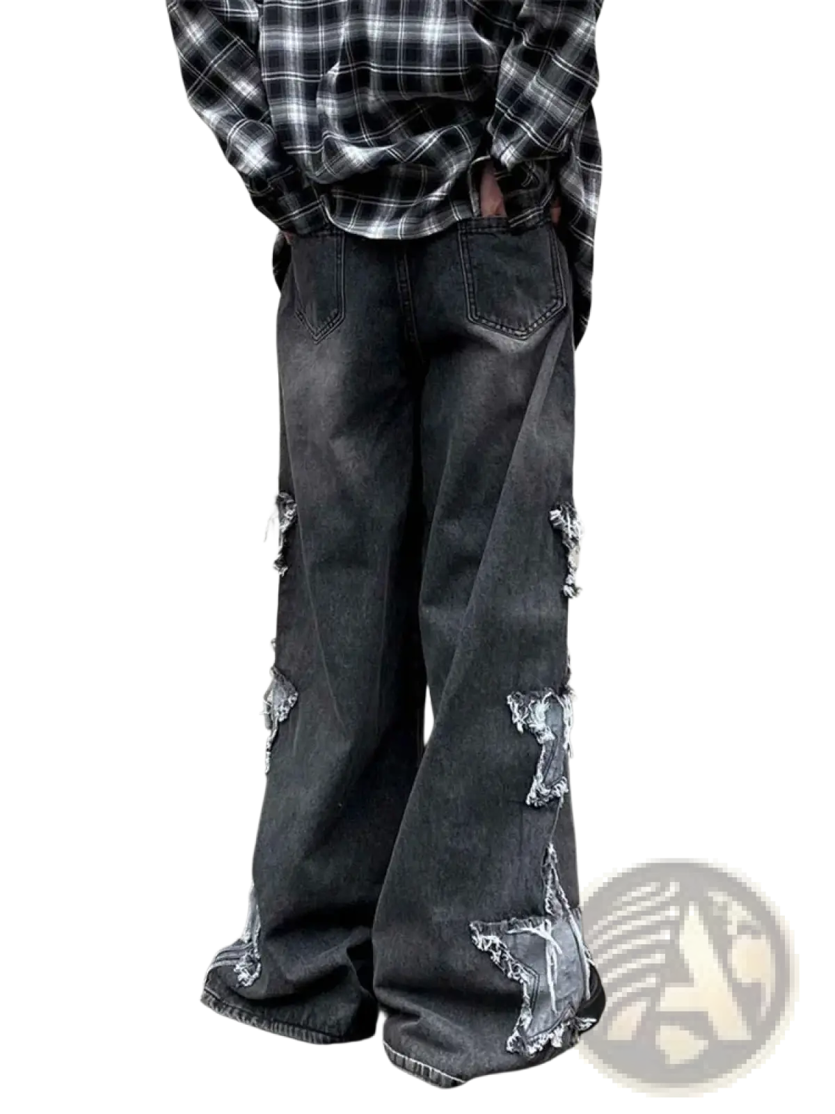 Dark gray y2k baggy distressed denim jeans with frayed ripped patches and a star-shaped tear at the ankle