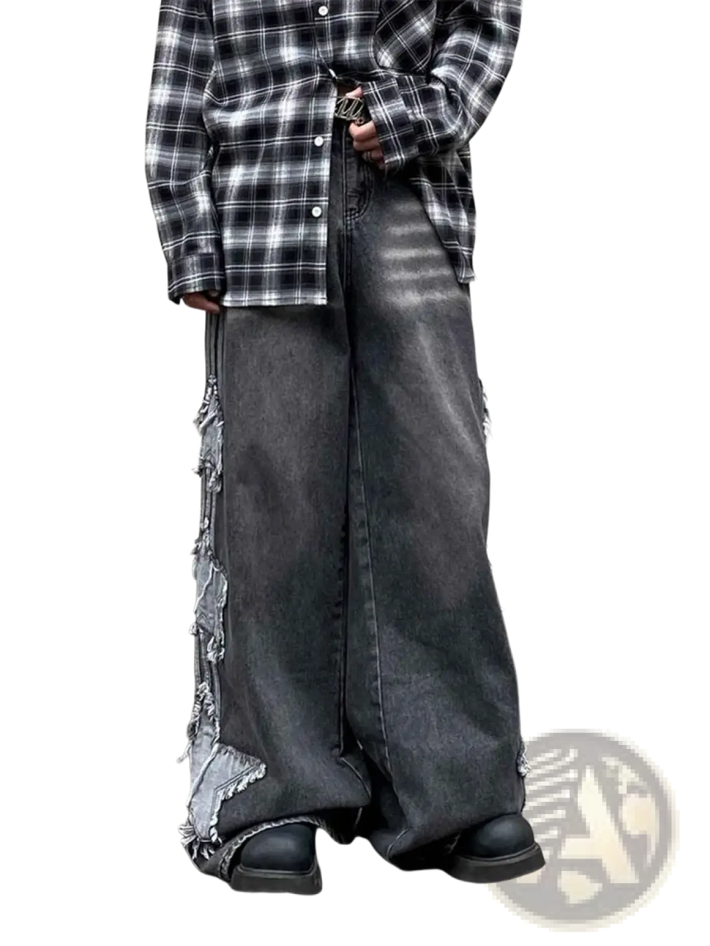 Dark gray wide-leg denim jeans with distressed frayed detailing along the sides in a y2k baggy style