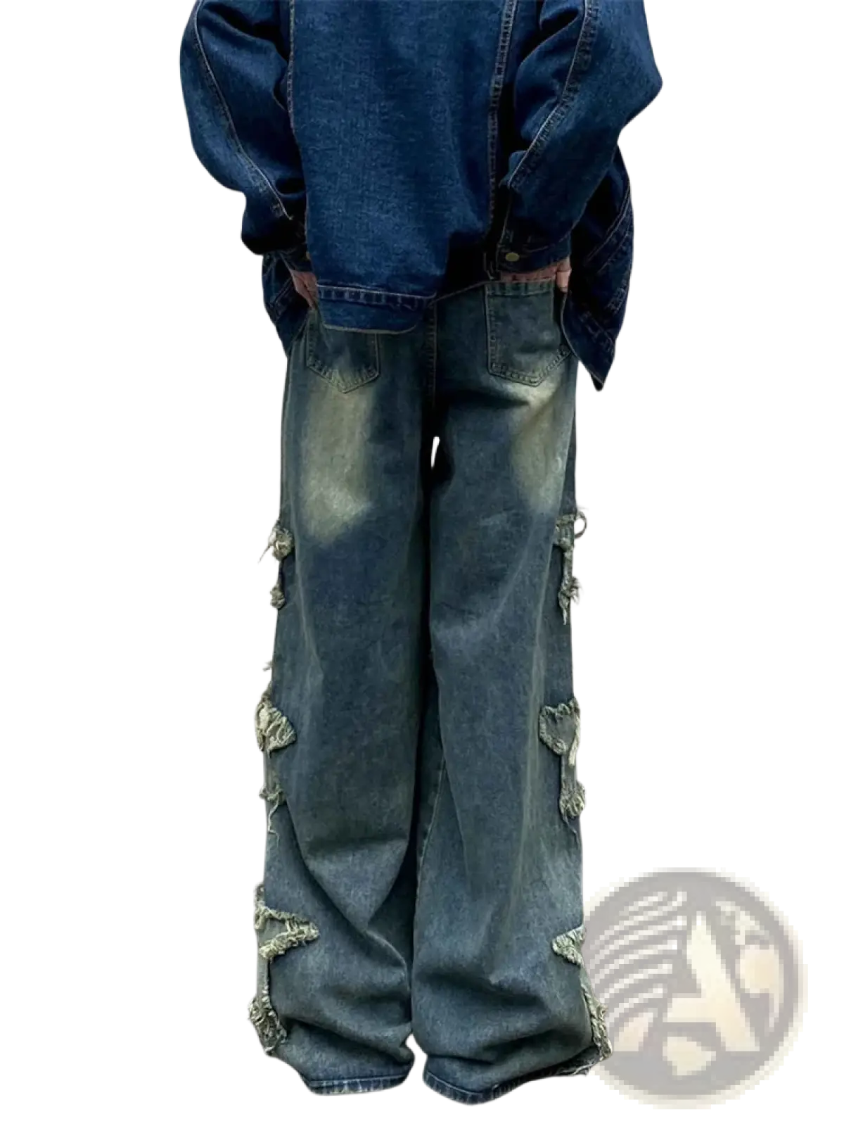 Y2k baggy distressed dark-wash denim jeans with frayed patches along the outer legs made of durable denim