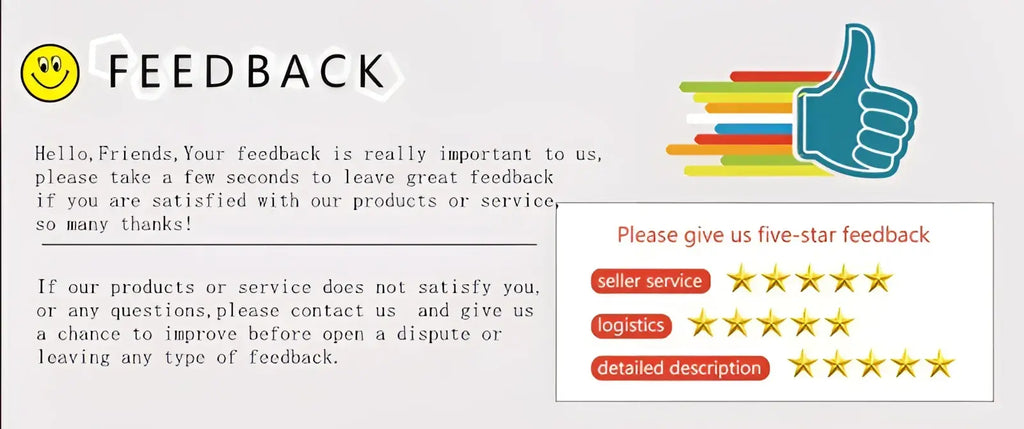 Feedback request graphic showing colorful star ratings for seller service logistics and description of y2k baggy distressed denim jeans