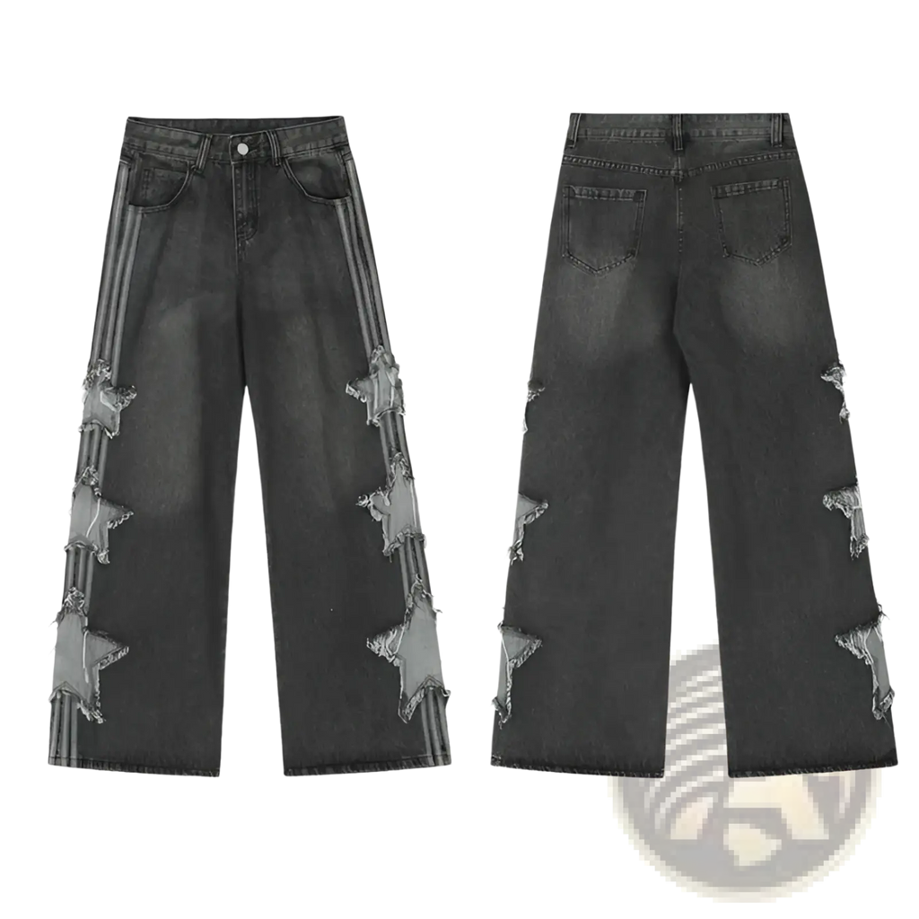 Dark gray y2k baggy distressed denim jeans with star patches and vertical striped accents along the outer leg