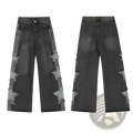 Dark gray y2k baggy distressed denim jeans with star patches and vertical striped accents along the outer leg
