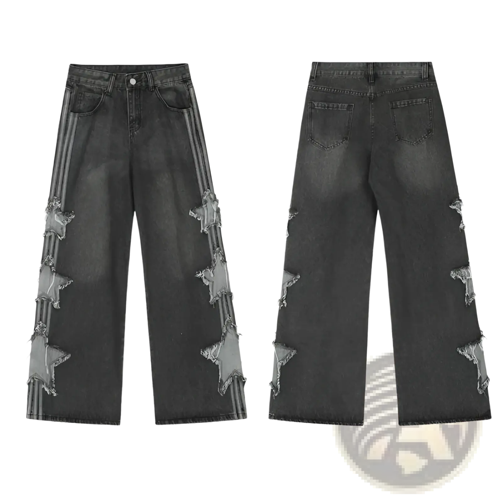 Dark gray y2k baggy distressed denim jeans with star patches and vertical striped accents along the outer leg