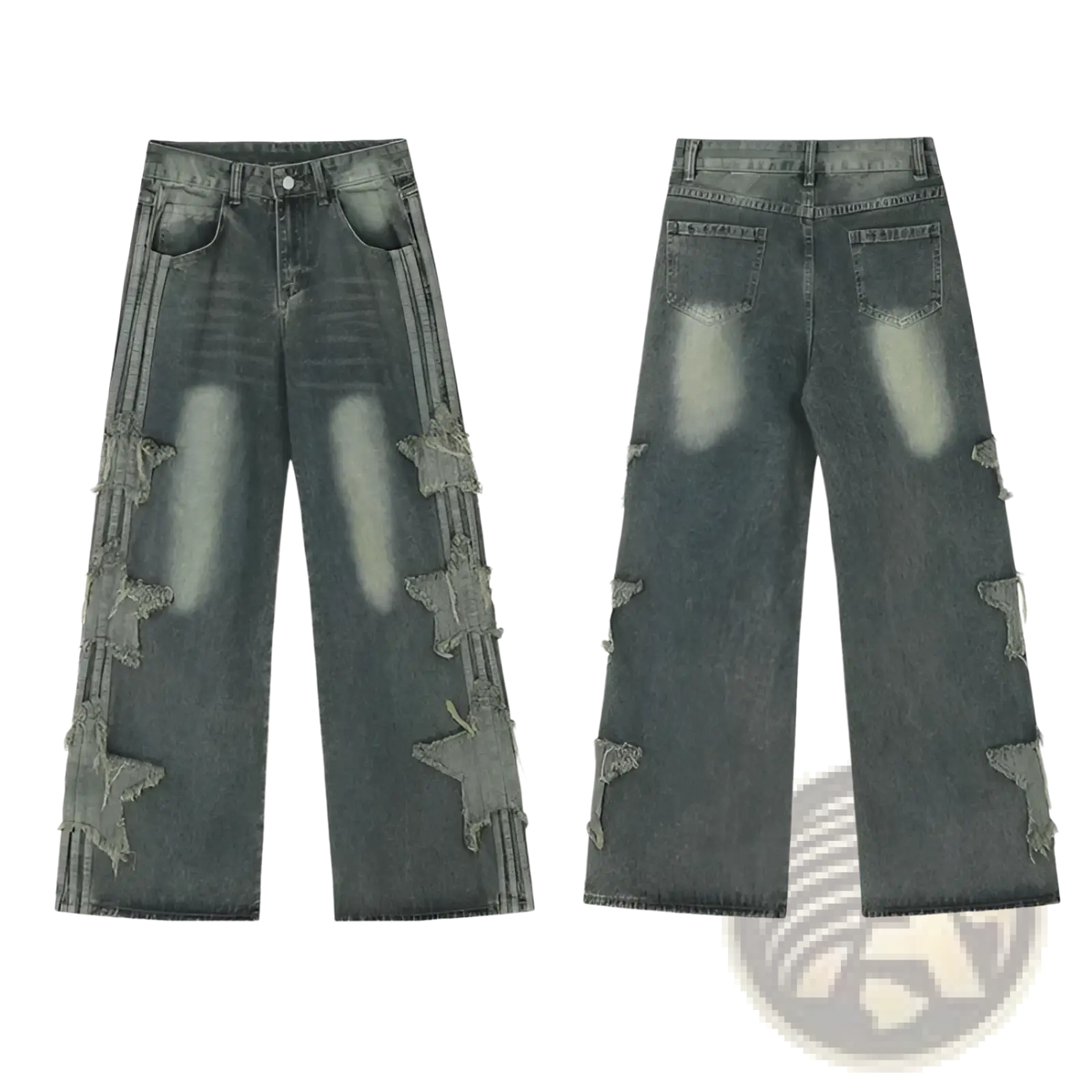 Dark gray y2k baggy distressed denim jeans with star-shaped ripped patches along outer leg seams