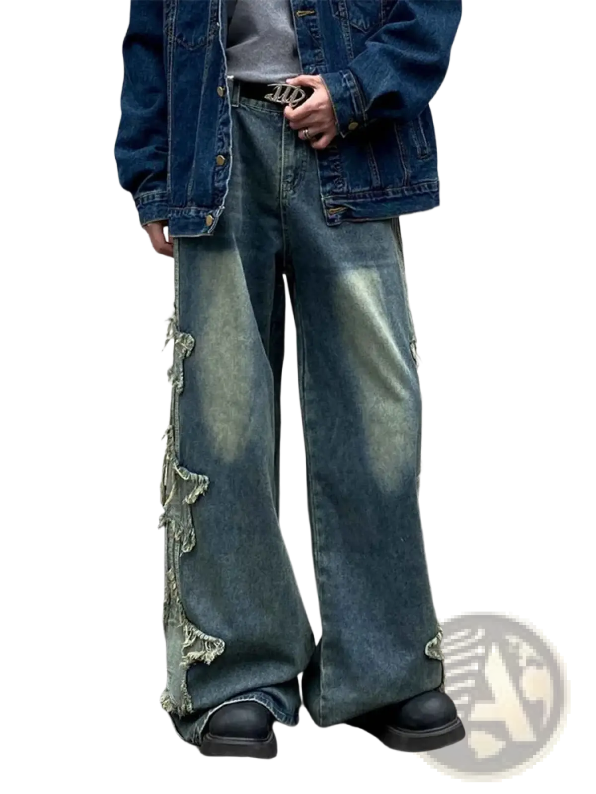 Y2k baggy distressed denim jeans with wide-leg fit frayed faded blue patches and raw edge detailing
