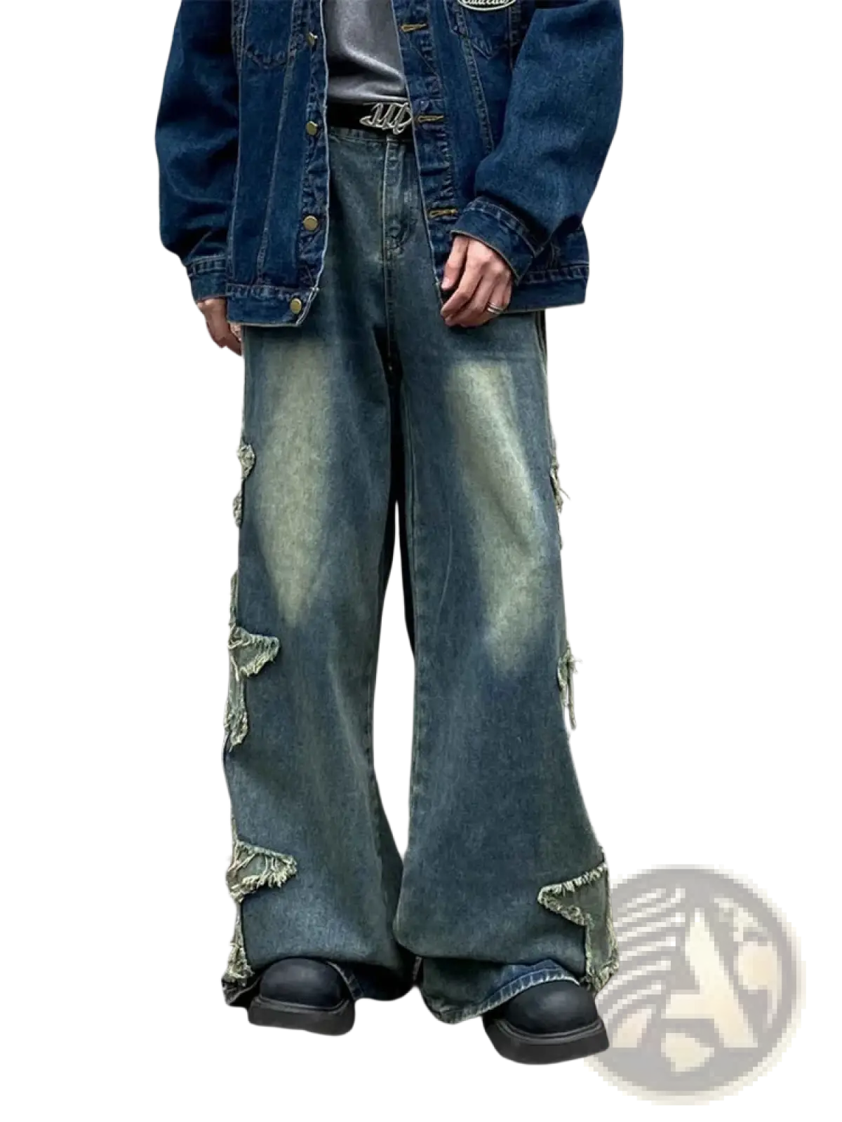 Y2k baggy distressed denim jeans in blue with wide-leg fit and frayed ripped details on legs and hem