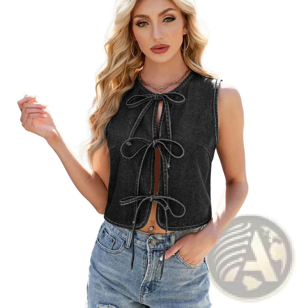 Black denim sleeveless crop top with y2k bow tie front detail made of denim fabric for stylish summer wear