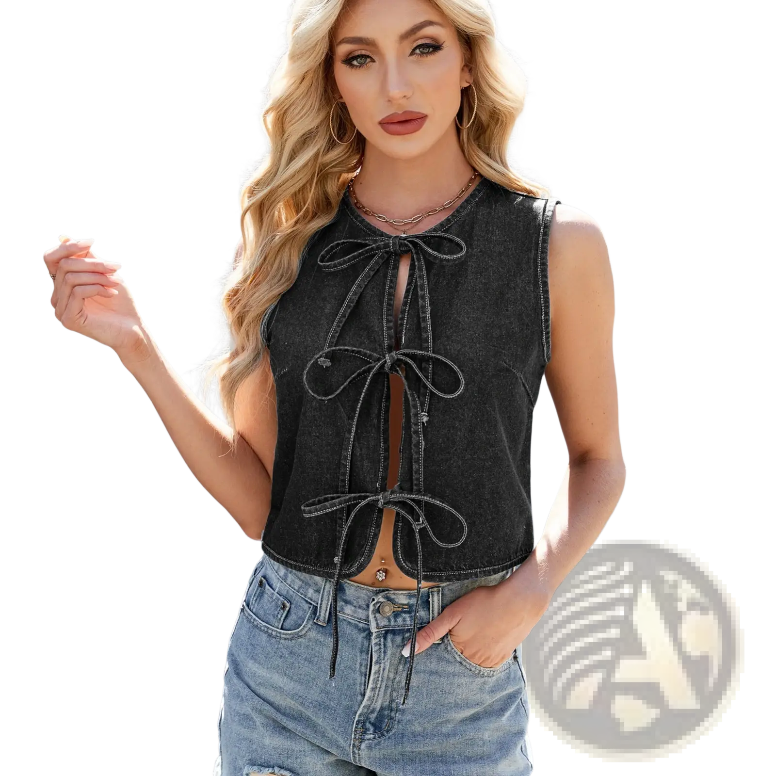 Black denim sleeveless crop top with y2k bow tie front detail made of denim fabric for stylish summer wear