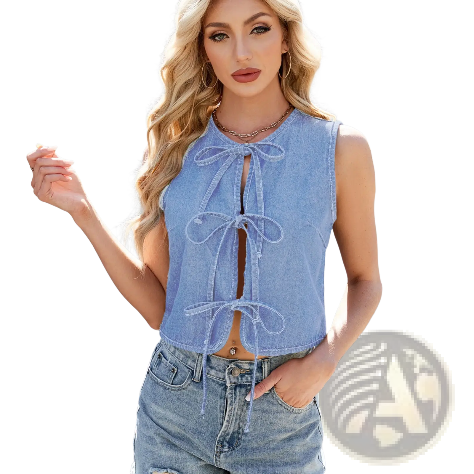Light blue denim sleeveless crop top with front bow tie detail styled in a Y2K fashion design