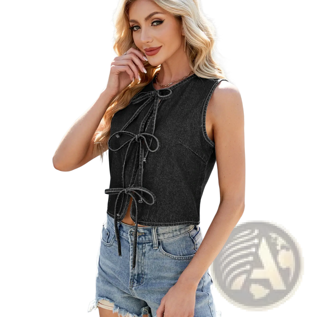 Black denim sleeveless crop top with front bow tie detail featuring y2k style and lightweight material