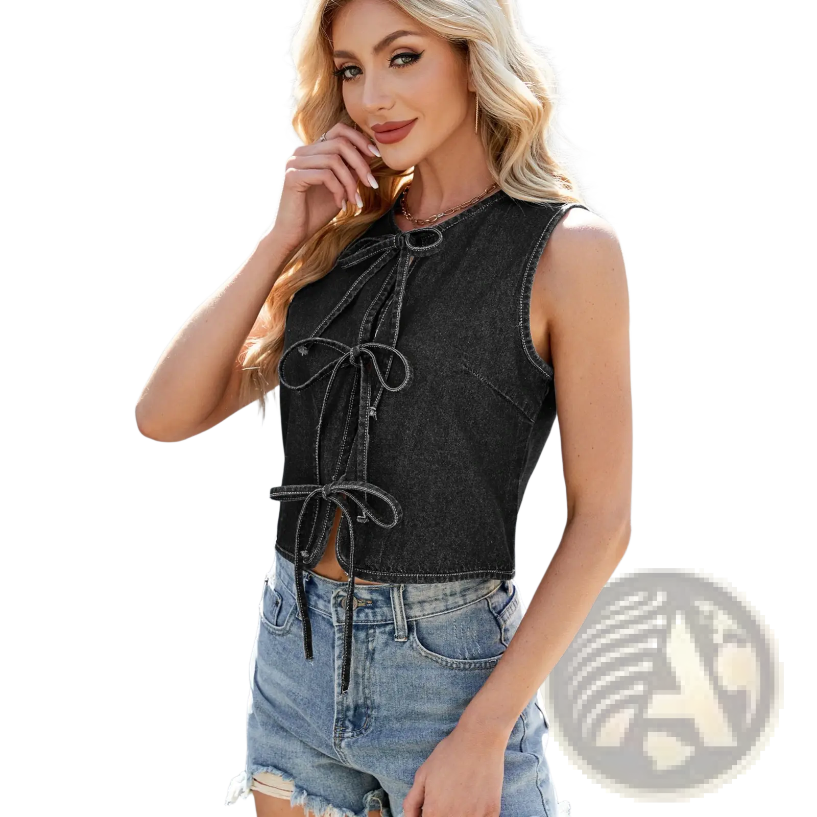 Black denim sleeveless crop top with front bow tie detail featuring y2k style and lightweight material