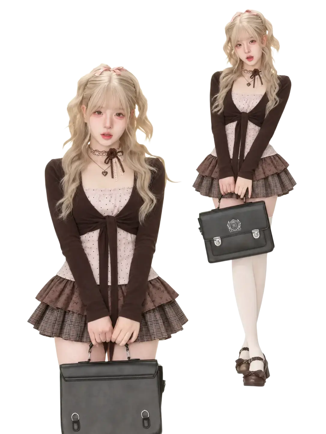 Black leather satchel with silver metal clasps and central emblem for y2k crop top and mini skirt set height 160-165cm size